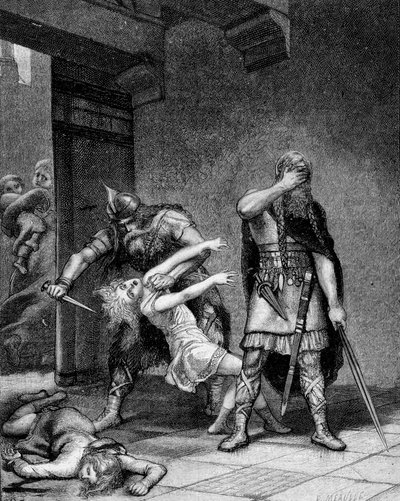 Clotaire (Clothaire) I (v.497-561) och Childebert I, de frankiska kungarna, mördade två söner till sin bror Clodomir (495-524). av Unknown artist