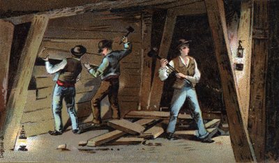 Kolgruva i Frankrike i slutet av 1800-talet: Trägalleri. Kromolitografi från slutet av 1800-talet av Unknown artist