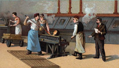 Mynttillverkning, guldblad. Kromolitografi från slutet av 1800-talet av Unknown artist