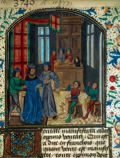 Myntprägling under medeltiden. Miniatyr från ett utkast av Nicolas Oresme (1320-1382). 1400-talet f.Kr. Paris av Unknown artist