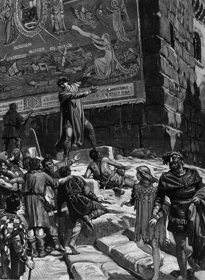 Cola di Rienzo (1314-1354), i kampanjen för att bli en tribun för det romerska folket, förklarar för folket i Rom de fresker som han hade installerat i Capitolium som symboliserar Roms vånda i ett dechainee-hav omgivet av Troja, Jerusalem, Kartago och Ba av Unknown artist