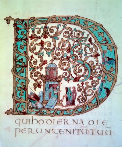Samling av påsk: stor initial (lettrine) D ornate and historiee (de heliga kvinnorna vid graven). Miniatyr (folio 58) av manuskriptet "Sacramental of Drogon"" från Tresor i katedralen i Metz, 845-855. BN, Paris. av Unknown artist