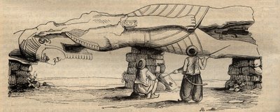 Kolossen av Ramses II hittades 1820, nära den södra porten till templet i Ptah som ligger cirka trettio meter bort, av den italienska resenären Giovanni Battista Caviglia - gravyr från 1838 - Statyn av Ramses II som upptäcktes 1820 av Giovanni Battista av Unknown artist