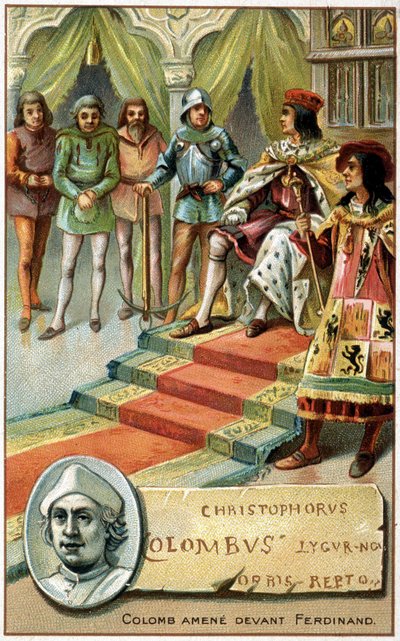 Columbus (hans händer knutna) förde Ferdinand fram - Chromolithography of the 19th century av Unknown artist