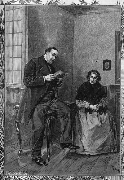 Komikern Moessard läser sin fru. Gravyr i den berömda journalen "" La jeunesse"" av Unknown artist