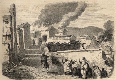 Erövring av Algeriet: expedition till Stora Kabylien 1857. Inlämning av Beni-Yenni (Beni Yenni) baserat på en ritning av Mr. Ameller, bataljonsledare vid 1:a Zouave. Gravyr i ”Le Monde illustrious”” från 1857. Privat samling. av Unknown artist