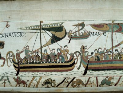 Erövring av England av Vilhelm Erövraren (1027-1087) 1066: de normandiska flottorna är på väg till England Detalj av Bayeuxtapet eller broderi av drottning Mathilde av Unknown artist