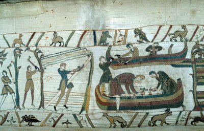 Erövring av England av hertigen av Normandie Vilhelm Erövraren (1027-1087): konstruktion av den normandiska flottan Detalj av gobelängen av Bayeux eller broderi av drottning Mathilde av Unknown artist
