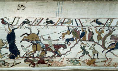 Erövring av England av hertigen av Normandie Vilhelm Erövraren (1027-1087) 1066: Slaget vid Hastings Detalj av Bayeuxtapet eller broderi av drottning Mathilde av Unknown artist