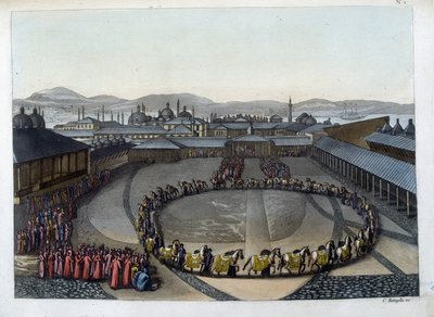 Konstantinopel: Glädjeporten. Denna dörr ger tillgång till det inre av palatset där sultanen bor med sin familj och damerna i sitt Harem. I "" Den gamla och moderna dräkten av Unknown artist