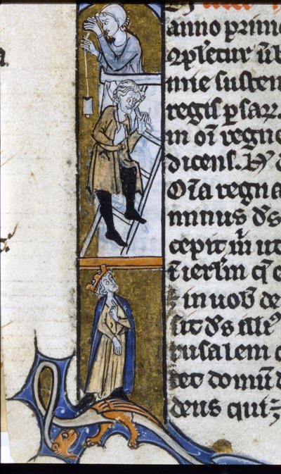 Byggande av ett kloster: arbetare och övervakande kung. Belysning av ett manuskript från mitten av 1200-talet. Bilioteca Trivulziana. av Unknown artist