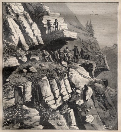 Konstruktion av en bergsväg i Alperna - Gravyr i "La Science francaise"" av Unknown artist