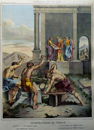 Konstruktion av Salomos tempel - i "" Helig historia", red. Hachette av Unknown artist