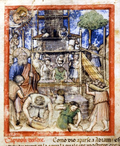 Byggandet av Babels torn. Miniatyrer från codex 212 (eller Padovano Codice eller Bible of Padua) 1390-1400 Rovigo, Accademia dei Concordi av Unknown artist