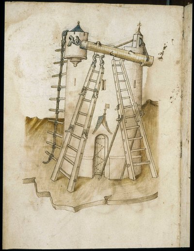 Byggnadsarbete - Manuskript: pergamentark av en ingenjörsmanual för konstruktion av civila, religiösa och militära byggnader, anonym, sent 1400-tal (figur med kinesiskt bläck) av Unknown artist