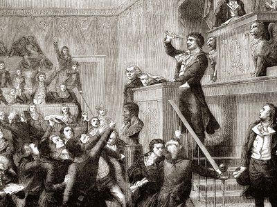 Konvention av 21 september 1792: Jean Paul Marat vid podiet - grav. i ""History of France"" av Hennri Martin av Unknown artist