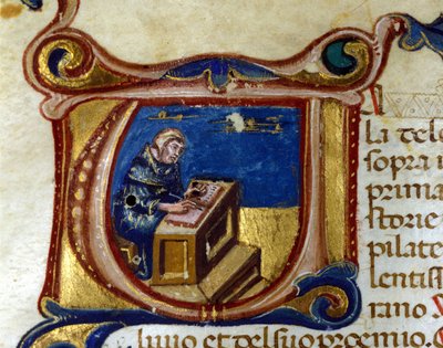 Kopistmunk i sitt scriptorium, Illuminure av Unknown artist
