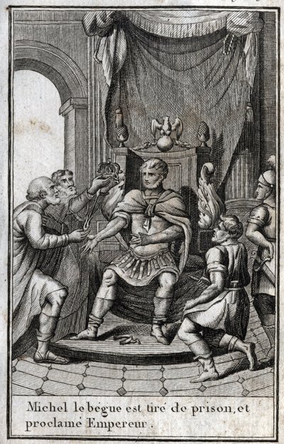Kröning av Michael II amorianen (begen) (770-829) till bysantinsk kejsare efter hans frigivning från fängelset 820. Han är grundaren av den amoriska dynastin. Gravyr i "Beaute de l