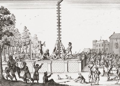 Lik av Johan och Cornelis de Witt hängande på galgar. av Unknown artist