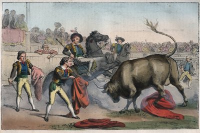 Corrida i Spanien: le picador - Tjur laddar en Picador - gravyr från "" Seder och traditioner för alla folk i universum. Det är historien om regeringen, om lagarna, om milisen, om religionen för alla nationer från de mest avlägsna tider upp till våra dagar av Unknown artist