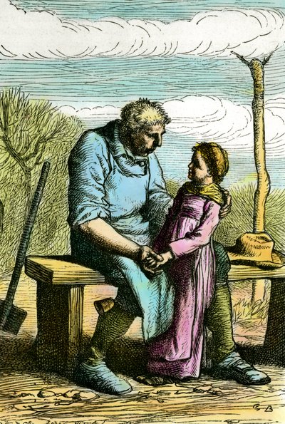 Cosette och Jean Valjean. Illustration till romanen "Les miserables" av Victor Hugo (1802-1885) Gravyr från 1865 Privat samling av Unknown artist