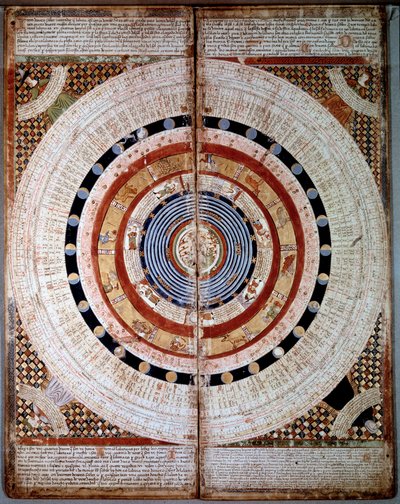 Kosmografischeman. Catalan Atlas (katalansk karta) (Spanien) med stjärntecken. Manuskript från 1375 (Folio 2) av Abraham Cresques. BN, Paris av Unknown artist