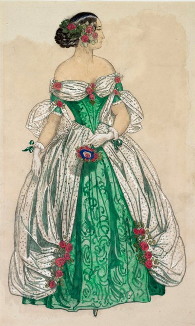 Kostym (lång grön klänning med vita segel), för baletten "Fjärilarna" av Unknown Artist