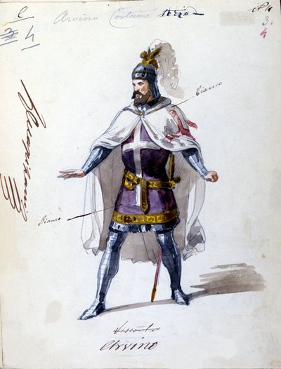 Kostym för operan "" I Lombardi"" eller "" Les Lombards à la première Crusade"" komponerad av Giuseppe Verdi (1813 - 1901) 1843. Anonym akvarellteckning. Alvino karaktär för föreställningen på Scala i Milano. av Unknown artist