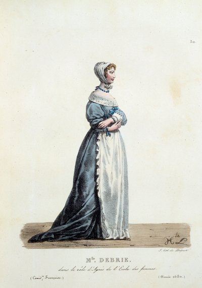 Kostym av fröken Debrie i rollen som Agnes av Molieres "Kvinnors skola" 1680. Kostym av fransk komedi av Hippolyte Lecomte (1781-1857). Gravyr av 1800-talet. Coll. Nu går vi. av Unknown artist