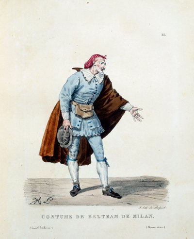 Dräkt av Niccolo Barbieri, känd som Beltrame av Milano (död 1641) 1600. Kostym av den italienska komedin (commedia dell
