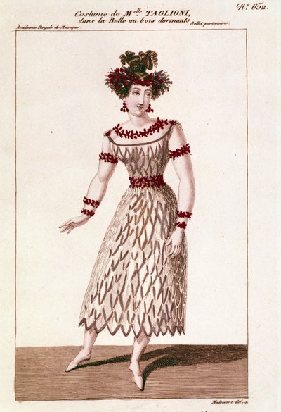 Kostym av dansaren Maria Taglioni (1804-1884) i baletten "Törnrosa"" av Piotr eller Petr Iljitsj Tjajkovskij (eller Tjajkovskij eller Ciajkovskij eller Tjajkovskij av Unknown artist