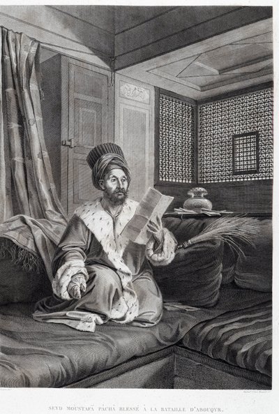 Kostymer och porträtt: Seyd Moustafa Pasha sårad i slaget vid Abouqyr (Aboukir) i "" Description of Egypt"", Imperial Publishing av Unknown artist