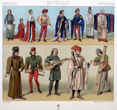 Dräkter och musiker under medeltiden från 1200- till 1400-talet. I "Den historiska kostymen" av A. Racquet av Unknown artist