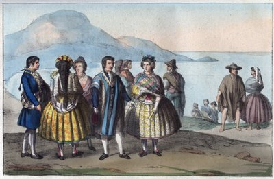 Dräkter av folket i Concepcion, Chile - gravyr från "" Tullar och seder för alla folk i universum. Det vill säga historien om regeringen, om lagarna, om milisen, om religionen för alla nationer från de mest avlägsna tiderna till våra dagar "1856 av Unknown artist