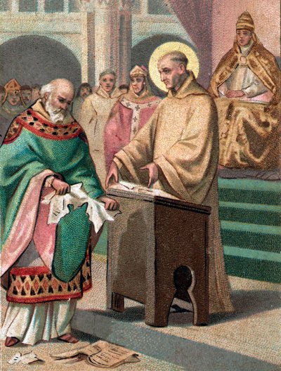 Konciliet i Reims 1148: Sankt Bernard av Clairvaux (1090-1153) (San Bernardo di Chiaravalle) anklagade Gilbert de la Porree, eveque av Poitiers, för kätteri - Kromolitografi från slutet av 1800-talet av Unknown artist