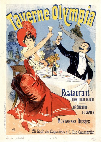 Par skålar med champagne - Reklamaffisch för Tavern Olympia, av Jules Cheret, sent 1800-tal av Unknown artist