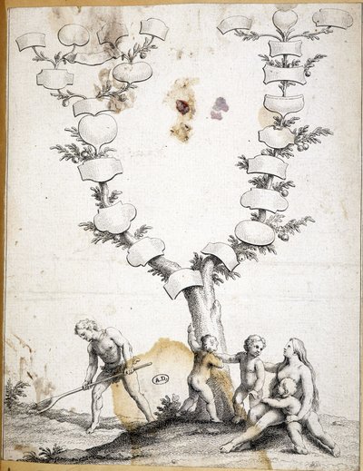 Par med barn vid foten av ett jungfruligt släktträd - gravyr av Unknown artist
