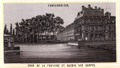 Domstol för fontänen och Bassin des carps i Fontainebleau (Seine och Marne, regionen Ile-de-France, Frankrike). Kromolitografi från slutet av 1800-talet. av Unknown artist