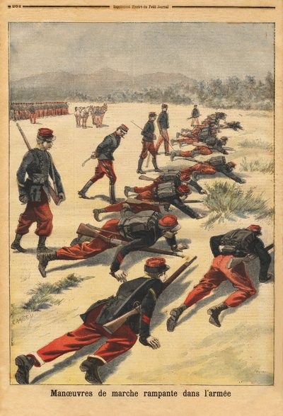 Krypande gångmanövrar i armén, experimentera med nya tampongerarmband, som skyddar handflatan. Gravyr i "" Le petit journal"" 1896-08-16. Selvas samling. av Unknown artist