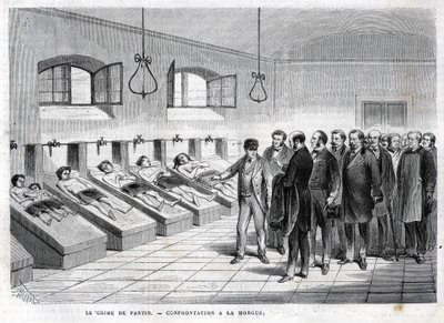 Pantins brott i oktober 1869. Konfrontation vid bårhuset. gravyr från 1869 av Unknown artist