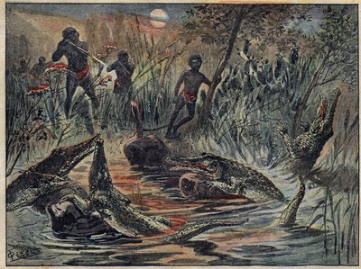Krokodiljakt i Niger med ett barn för bete. Illustration i "" Le Pelerin"" den 4 december av Unknown artist