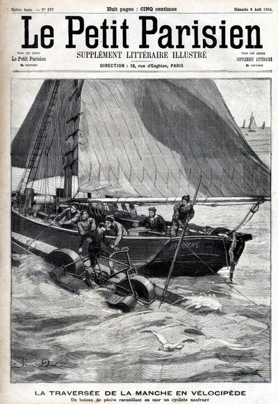 Korsar hylsan i velociped: en fiskebåt samlar Georges Pinkert till sjöss som hade gjort vadet att korsa hylsan med den vattenvelociped han hade uppfunnit. Gravyr i "" Le Parisien"" av Unknown artist