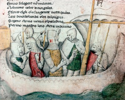 Överfarter på en båt Illustration till den toskanska dikten "Febusso e Breusso" Manuskript MS.B.R.45. 1400-talets Florens, Biblioteca Nazionale av Unknown artist