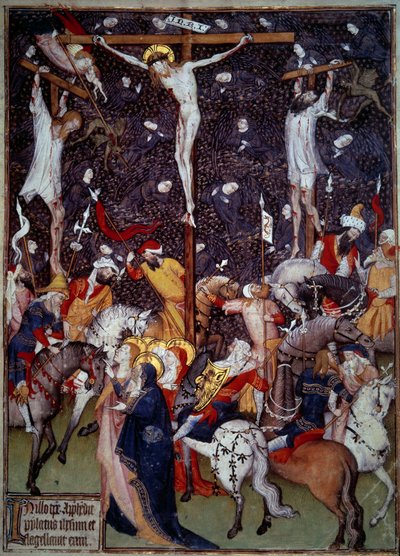 Korsfästelse. Svarta änglar flyger runt de dömdas kroppar. Romare till häst vänder sig runt korset för att begrunda scenen. Miniatyr från ett 1400-talsmanuskript. Paris, B.N. av Unknown artist