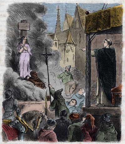 Korståg mot albigeoisarna - Kättare brända levande: katarer på bål, vid tiden för korståget mot albigenserna i Frankrike 1200-talet - Gravyr från 1879 i "Histoire des Societes Secretes, Politiques et Religions" av Pierre Zaccone (1817) av Unknown artist