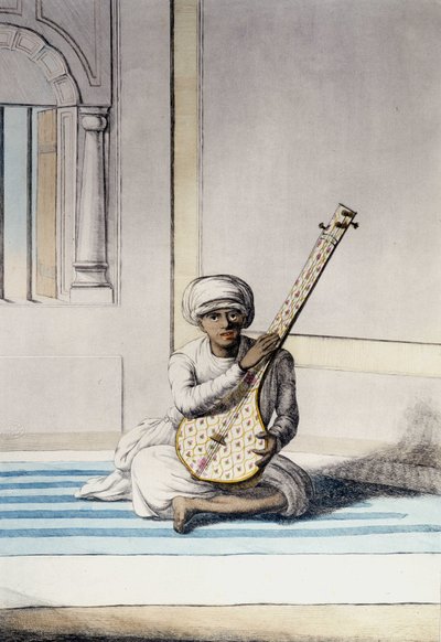 Kultur, civilisation och indiskt samhälle: Musiker som spelar Thambourah (Tamboura), Indiens traditionella instrument. Gravyr 1808. av Unknown artist