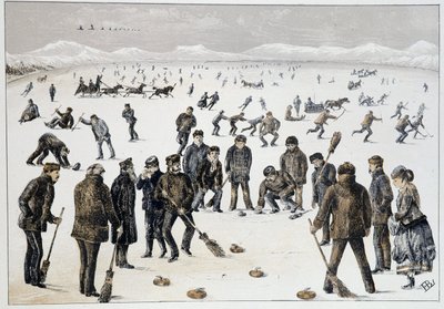 Curling på en frusen sjö nära Halifax, Nova Scotia - i "" Skisser över kanadensiska sporter och tidsfördriv"" av Lieut. Henry Buckton Laurence av Unknown artist