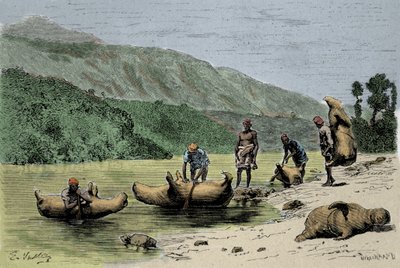 Seder och transportsätt: skinn från uppblåsta djur som används för att korsa floder. Gravyr av 1800-talet av Unknown artist