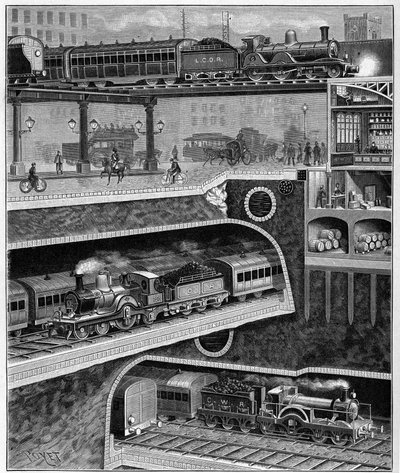 Skär en gata från London till England 1898. Gravyr från 1898. i "" La Nature. Granskning av vetenskaper och deras tillämpningar för konst och industri.”” av Unknown artist