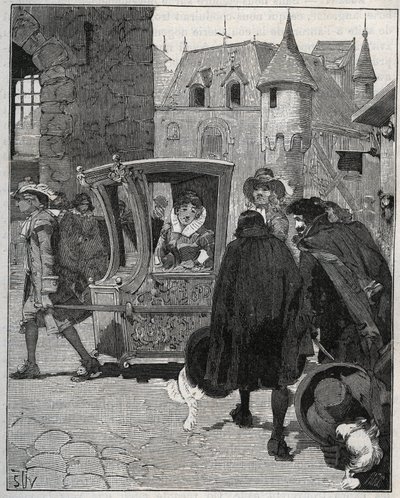 Bestick: båtsmän omringar stolen av Marie de Rabutin-Chantal (Rabutin Chantal), markisen de Sevigne dit Madame de Sevigne (1626-1696) för att sälja knivar till honom när han anlände till Nogent (Haute Marne) 1675. Gravyr från 1885 i "" Les arts et metiers  av Unknown artist